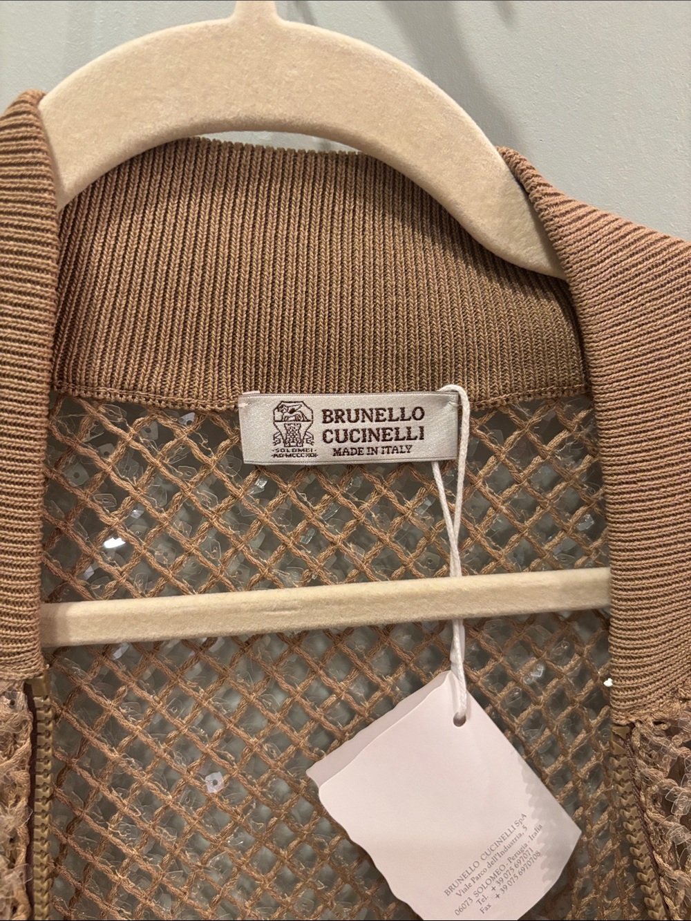 Brunello Cucinelli Tan Open-Knit Sequin Cardigan - Picture 2 of 4